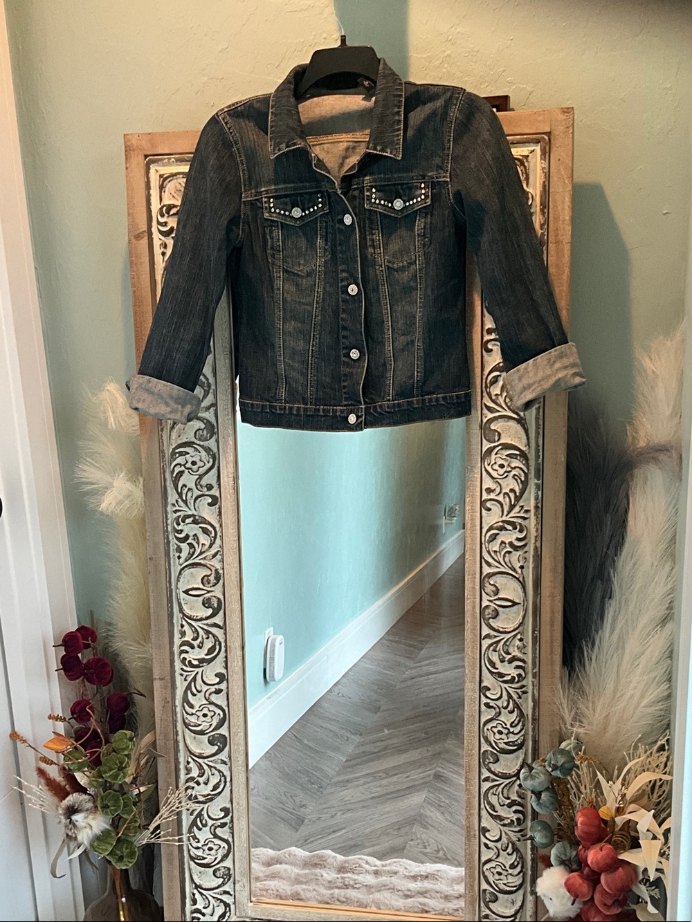 New York & Company Dark Denim Jacket with Stud Accents